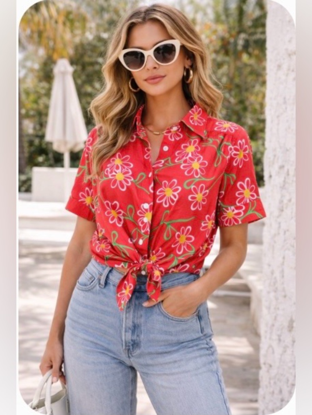 5 for $25!! Vintage 70s Jantzen Red Daisy Floral Button Up Blouse Mod Retro USA